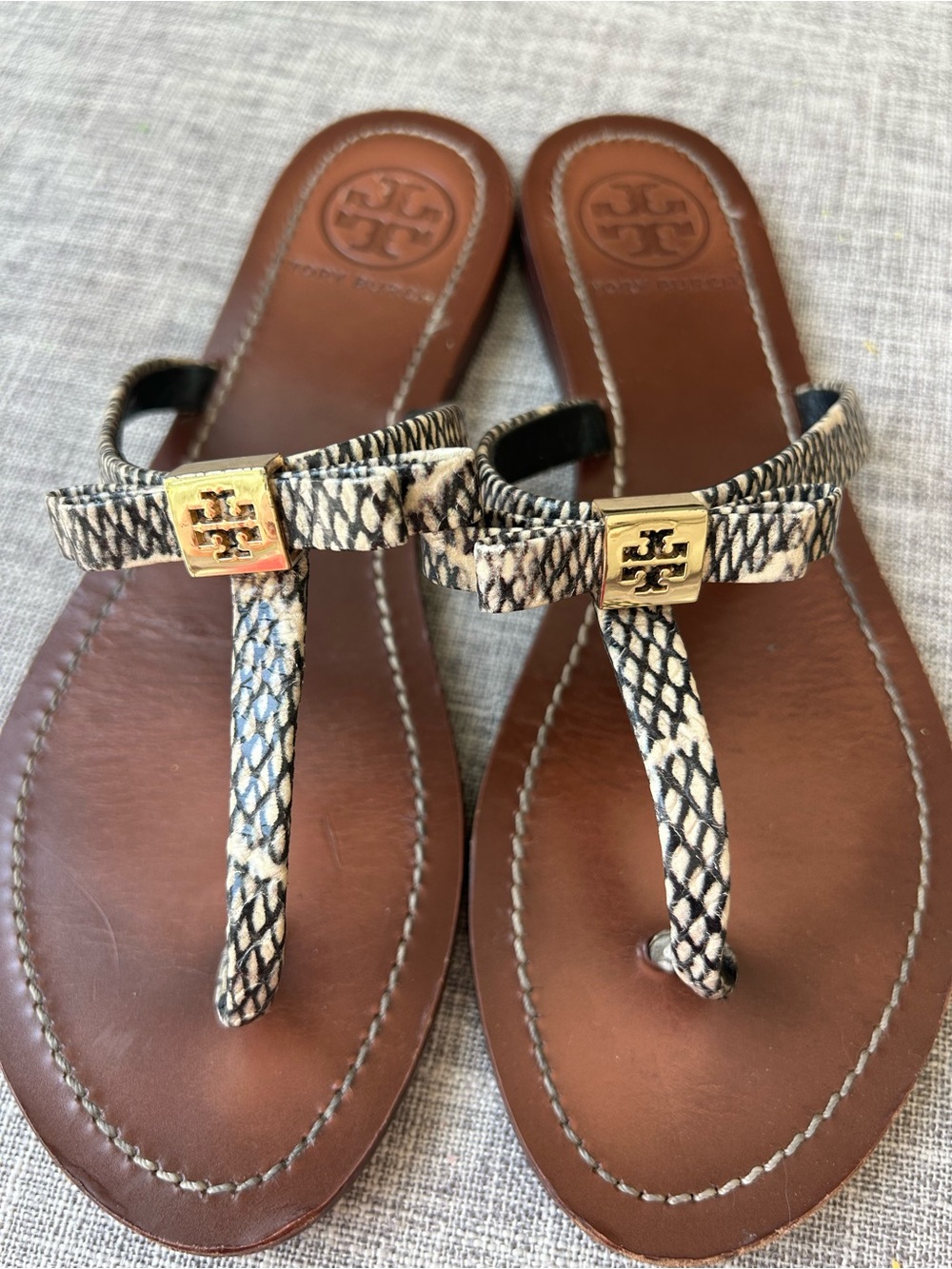 Tory Burch Brown Leather Sandal with Snake-Print Straps and Gold Logo